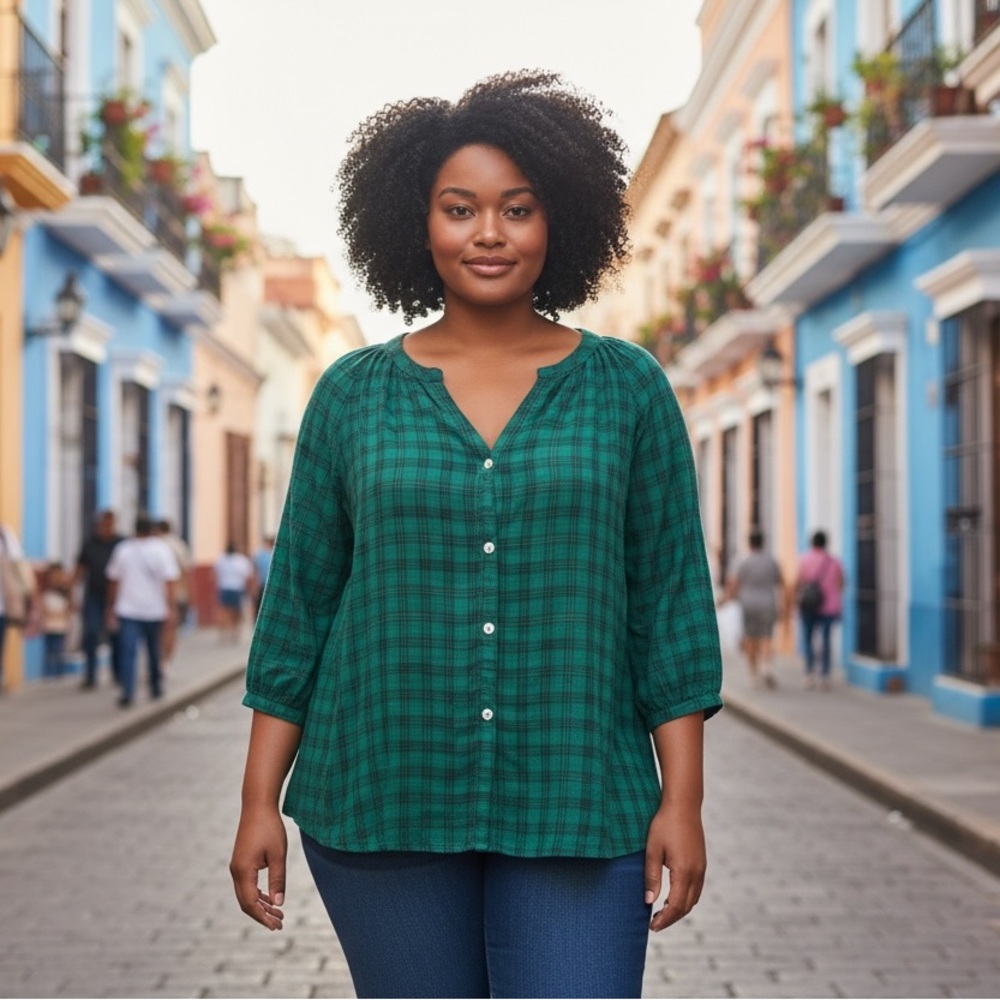 Green‎ Plaid Button-Up Women's Top
